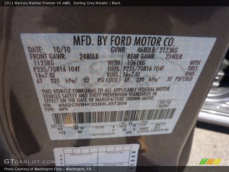 2011 Mariner Premier V6 AWD Sterling Grey Metallic Color Code UJ
