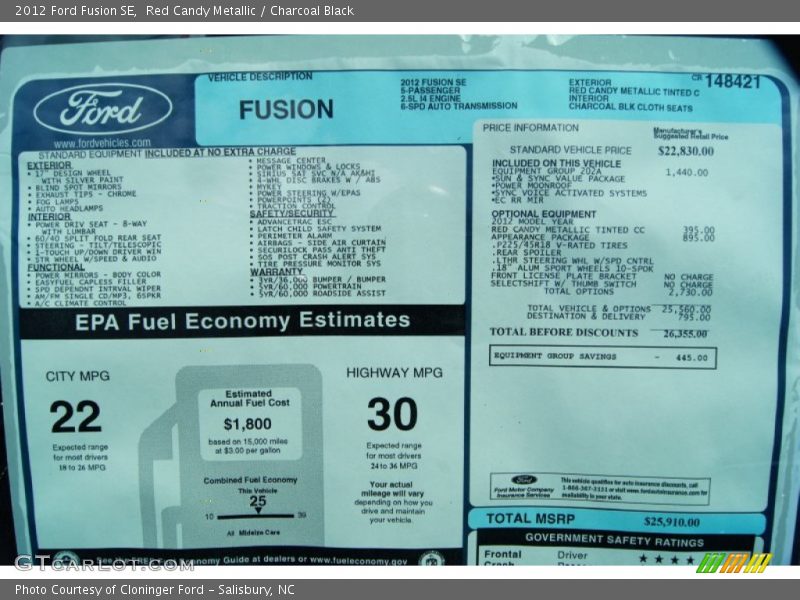  2012 Fusion SE Window Sticker