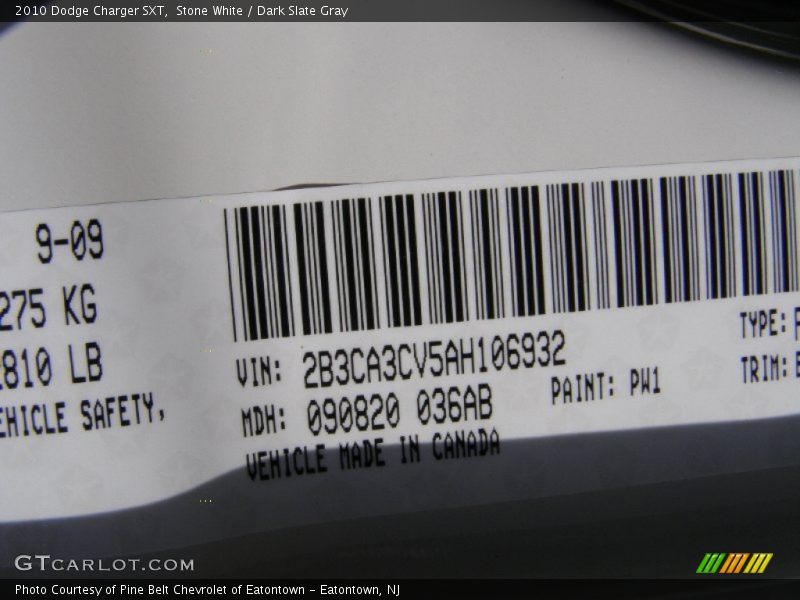 Stone White / Dark Slate Gray 2010 Dodge Charger SXT