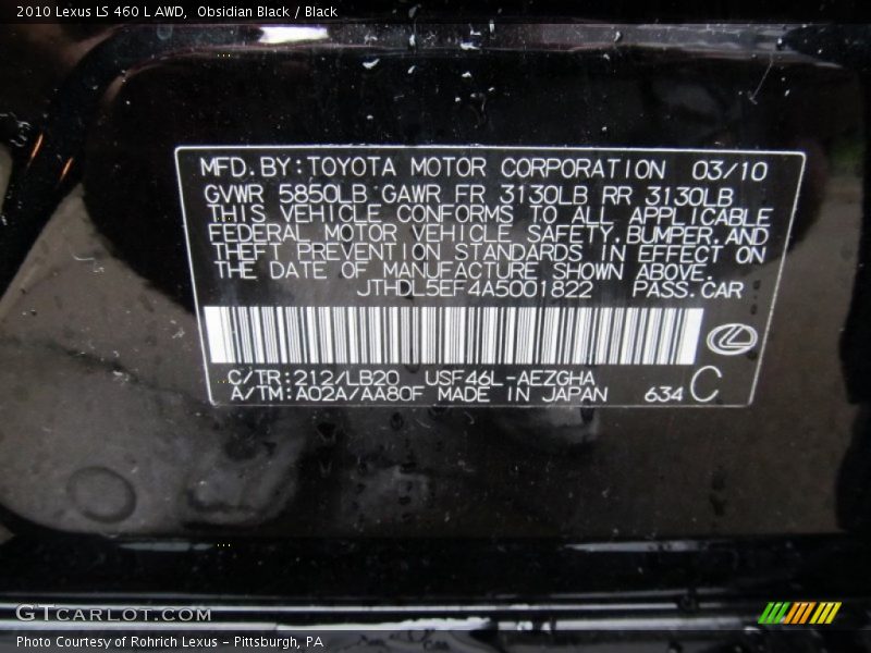 2010 LS 460 L AWD Obsidian Black Color Code 212