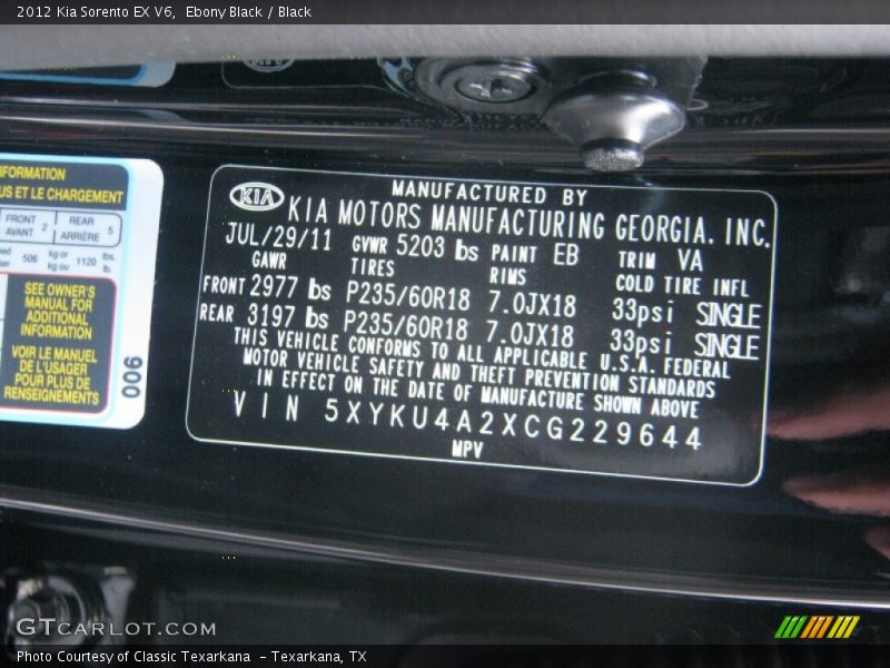 Ebony Black / Black 2012 Kia Sorento EX V6