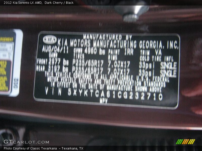 Dark Cherry / Black 2012 Kia Sorento LX AWD