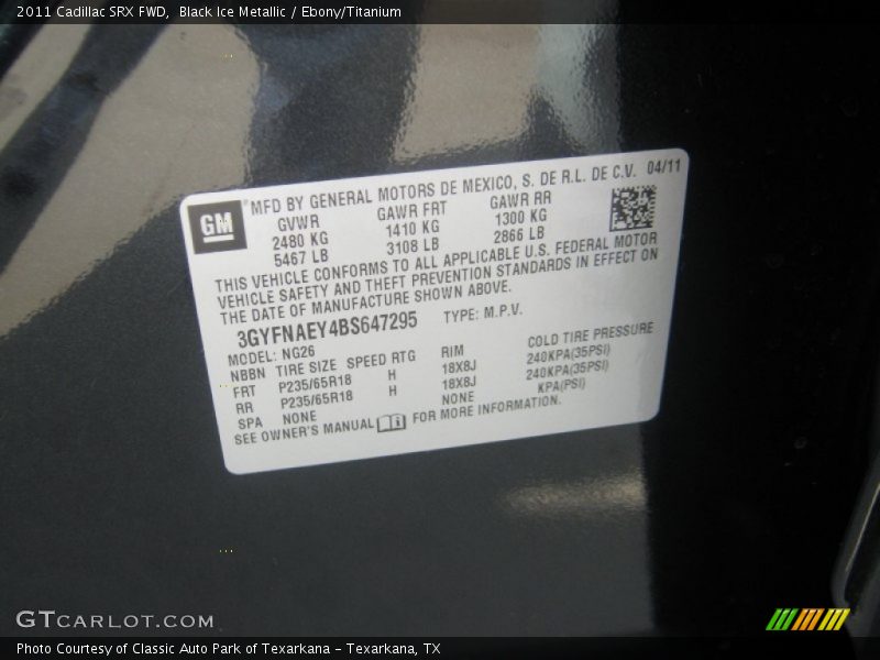 Black Ice Metallic / Ebony/Titanium 2011 Cadillac SRX FWD