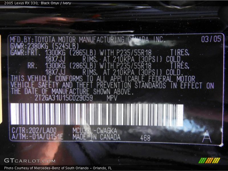 Black Onyx / Ivory 2005 Lexus RX 330