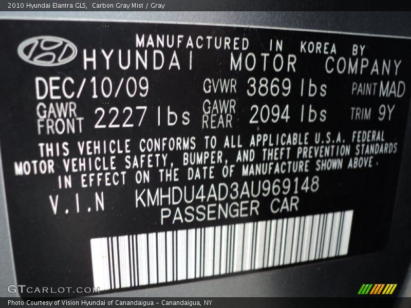 Carbon Gray Mist / Gray 2010 Hyundai Elantra GLS