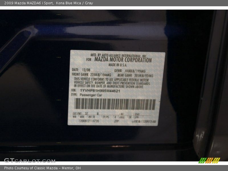 Kona Blue Mica / Gray 2009 Mazda MAZDA6 i Sport