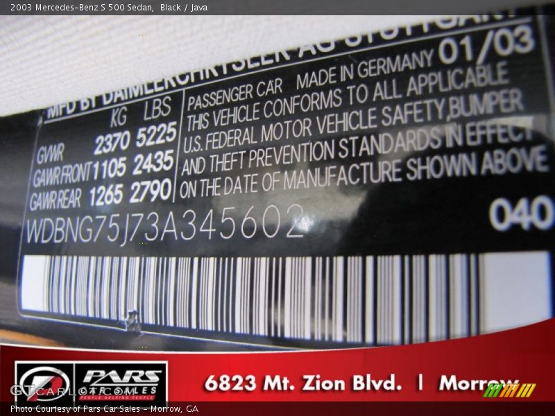 Black / Java 2003 Mercedes-Benz S 500 Sedan