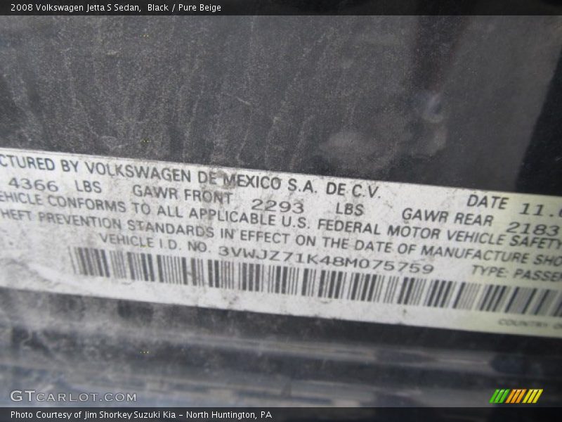 Black / Pure Beige 2008 Volkswagen Jetta S Sedan