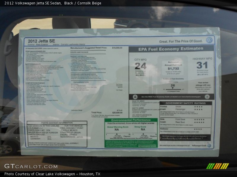 Black / Cornsilk Beige 2012 Volkswagen Jetta SE Sedan