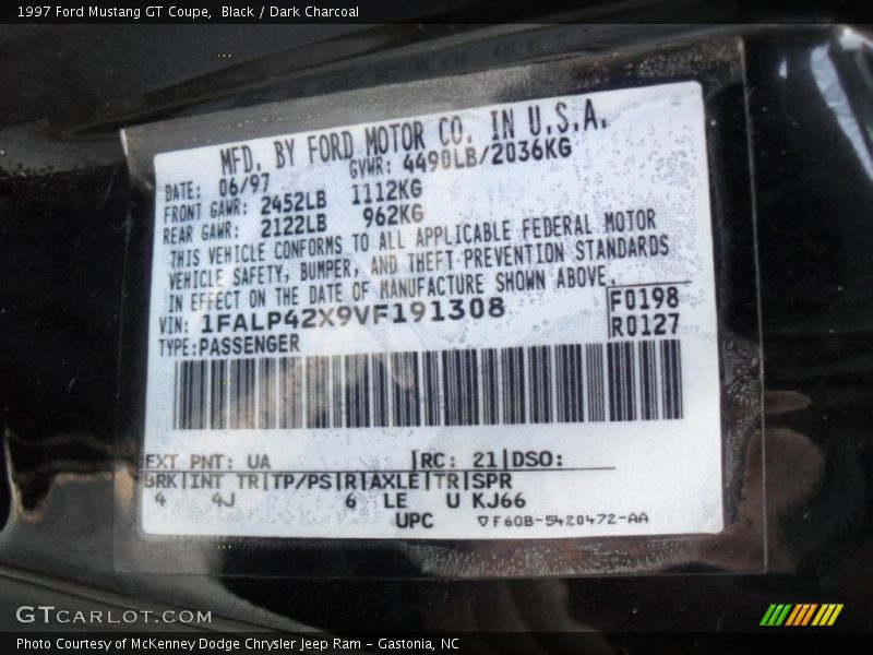 1997 Mustang GT Coupe Black Color Code UA