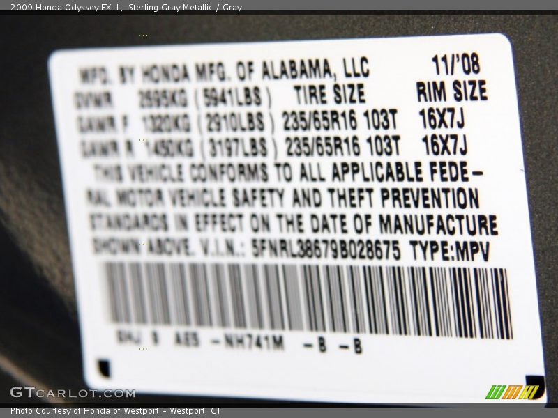 Sterling Gray Metallic / Gray 2009 Honda Odyssey EX-L