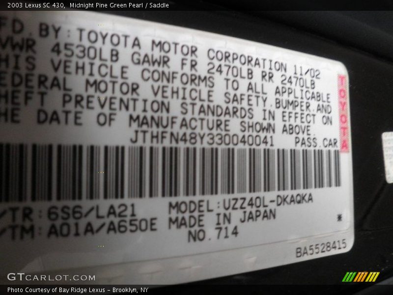 Midnight Pine Green Pearl / Saddle 2003 Lexus SC 430
