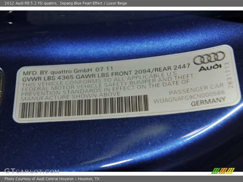 Info Tag of 2012 R8 5.2 FSI quattro