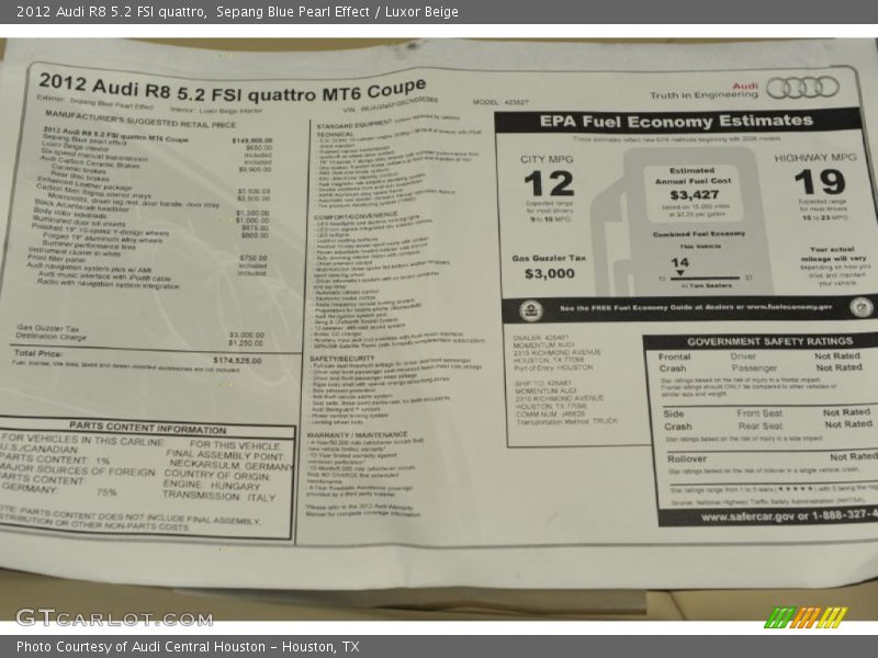  2012 R8 5.2 FSI quattro Window Sticker