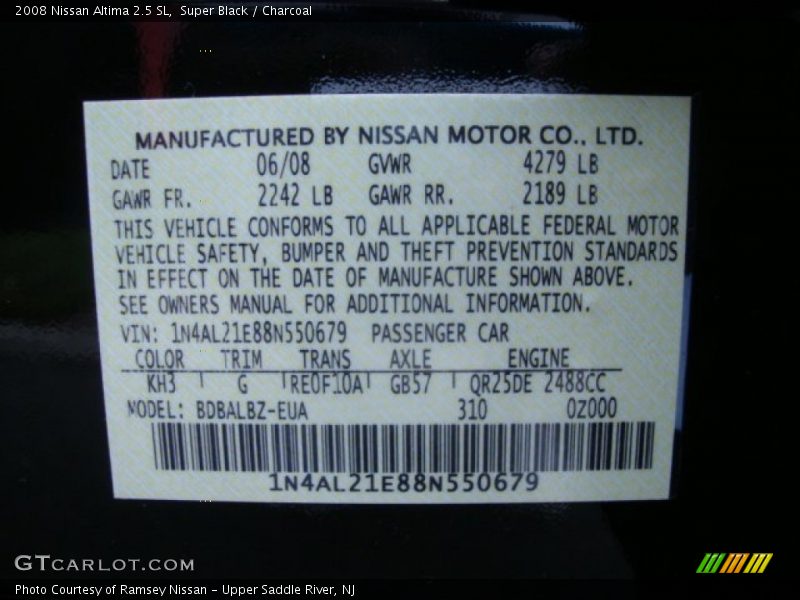 Super Black / Charcoal 2008 Nissan Altima 2.5 SL