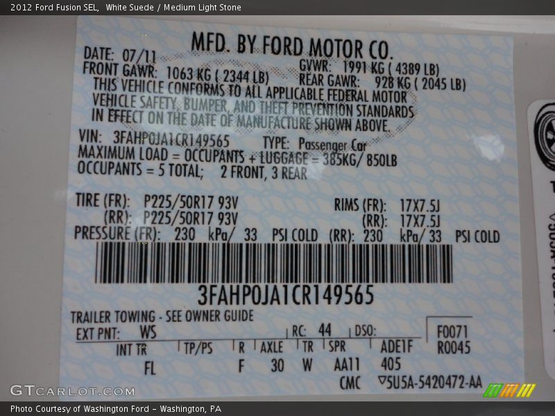 White Suede / Medium Light Stone 2012 Ford Fusion SEL