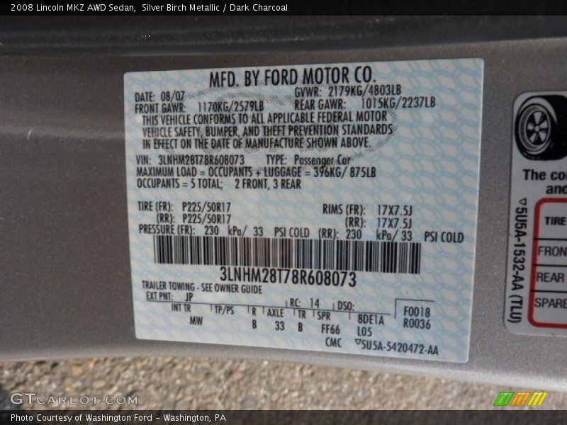 Silver Birch Metallic / Dark Charcoal 2008 Lincoln MKZ AWD Sedan