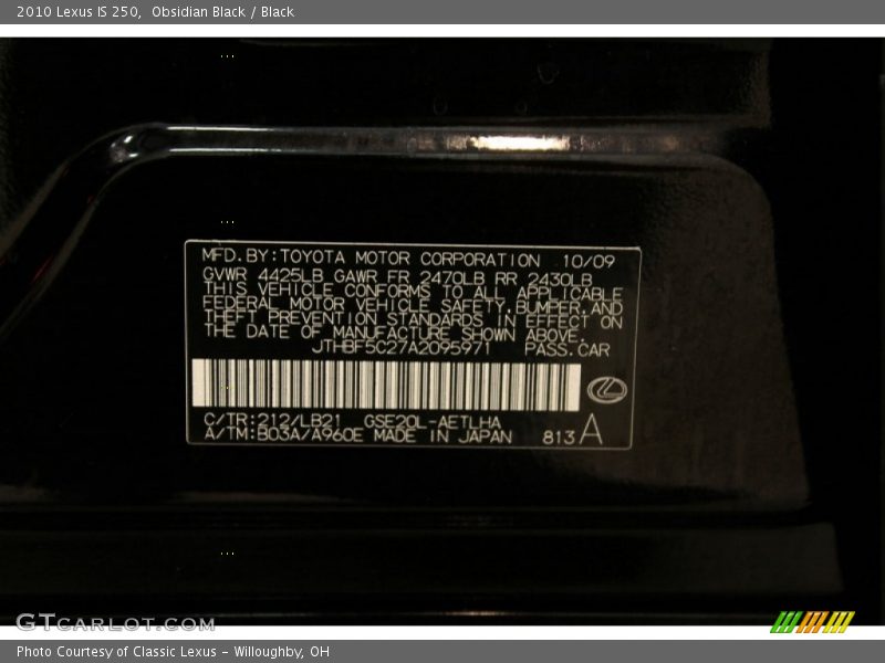 2010 IS 250 Obsidian Black Color Code 212