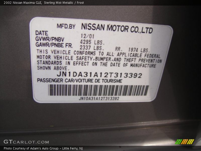 Sterling Mist Metallic / Frost 2002 Nissan Maxima GLE