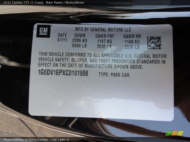 Info Tag of 2012 CTS -V Coupe