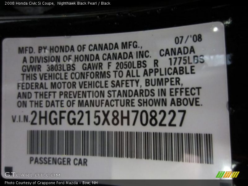 Nighthawk Black Pearl / Black 2008 Honda Civic Si Coupe
