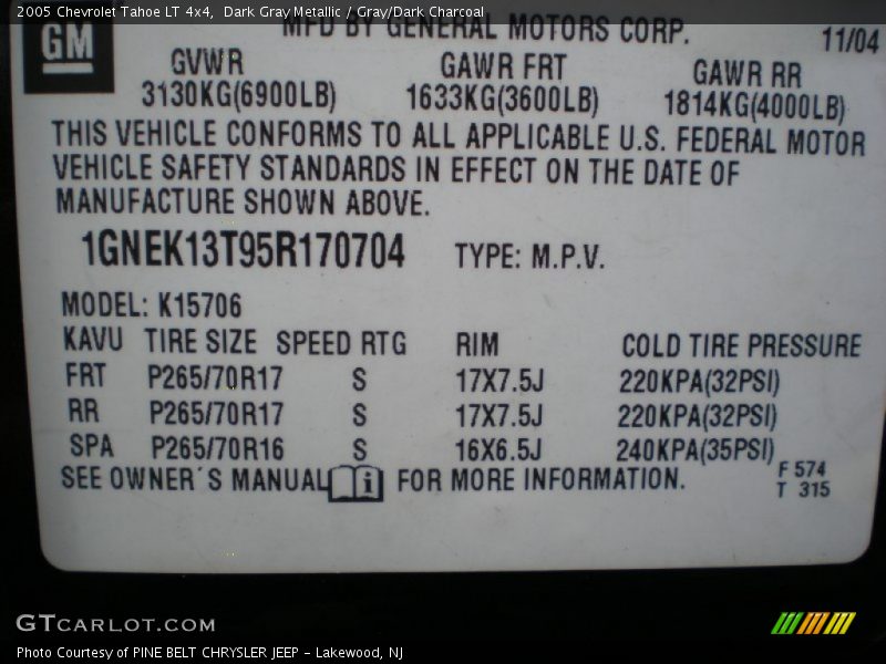 Dark Gray Metallic / Gray/Dark Charcoal 2005 Chevrolet Tahoe LT 4x4