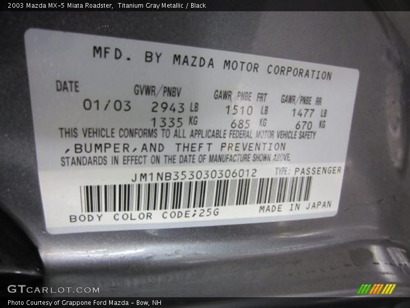 Titanium Gray Metallic / Black 2003 Mazda MX-5 Miata Roadster