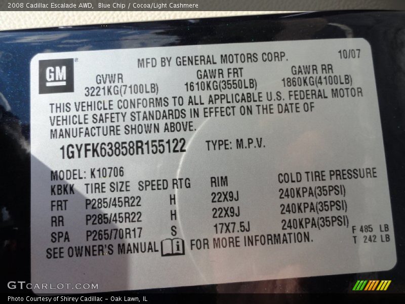 Blue Chip / Cocoa/Light Cashmere 2008 Cadillac Escalade AWD