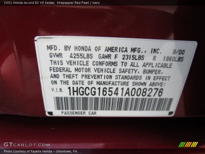 Firepepper Red Pearl / Ivory 2001 Honda Accord EX V6 Sedan