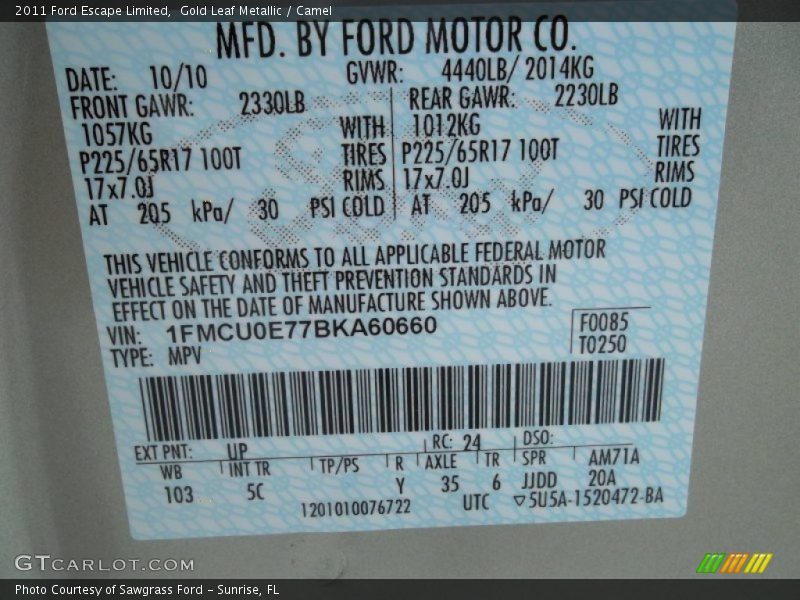 Gold Leaf Metallic / Camel 2011 Ford Escape Limited