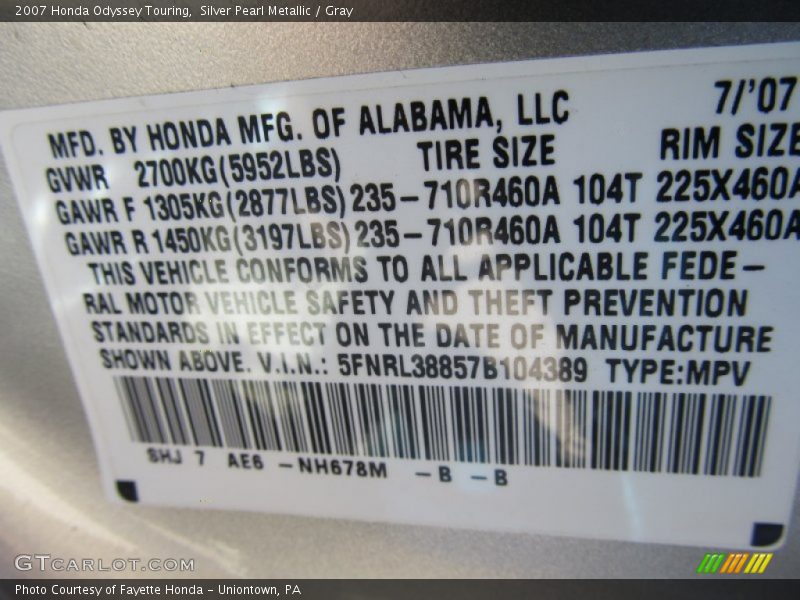 Silver Pearl Metallic / Gray 2007 Honda Odyssey Touring