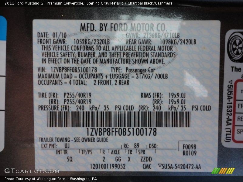 2011 Mustang GT Premium Convertible Sterling Gray Metallic Color Code UJ
