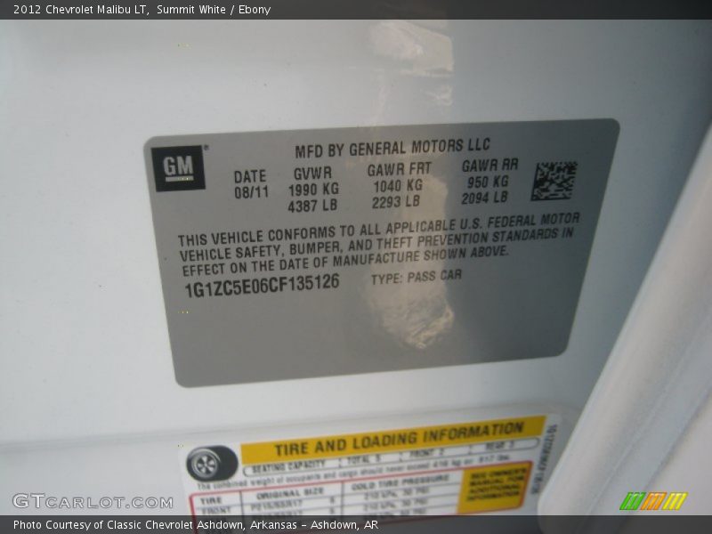 Info Tag of 2012 Malibu LT