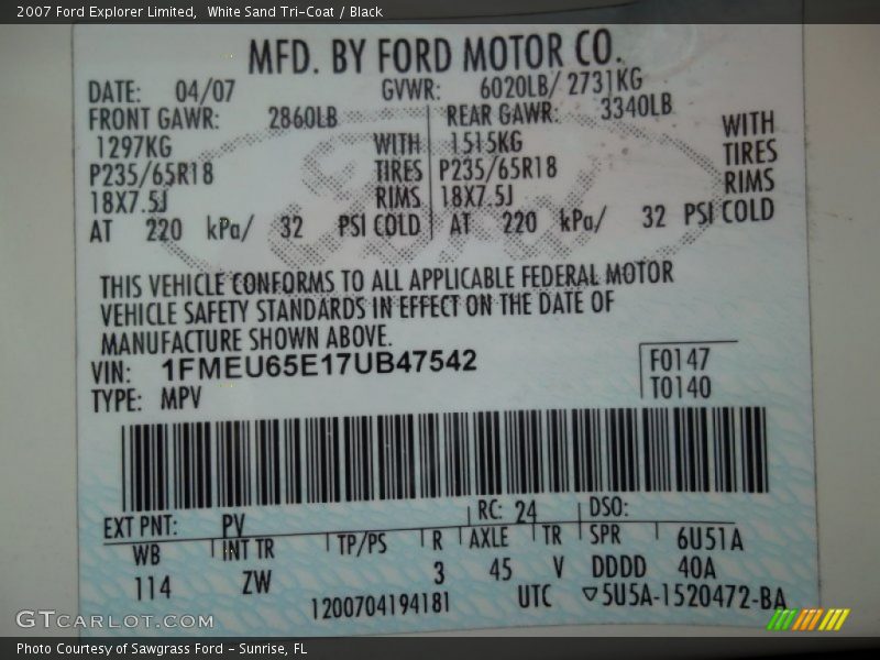 2007 Explorer Limited White Sand Tri-Coat Color Code PV