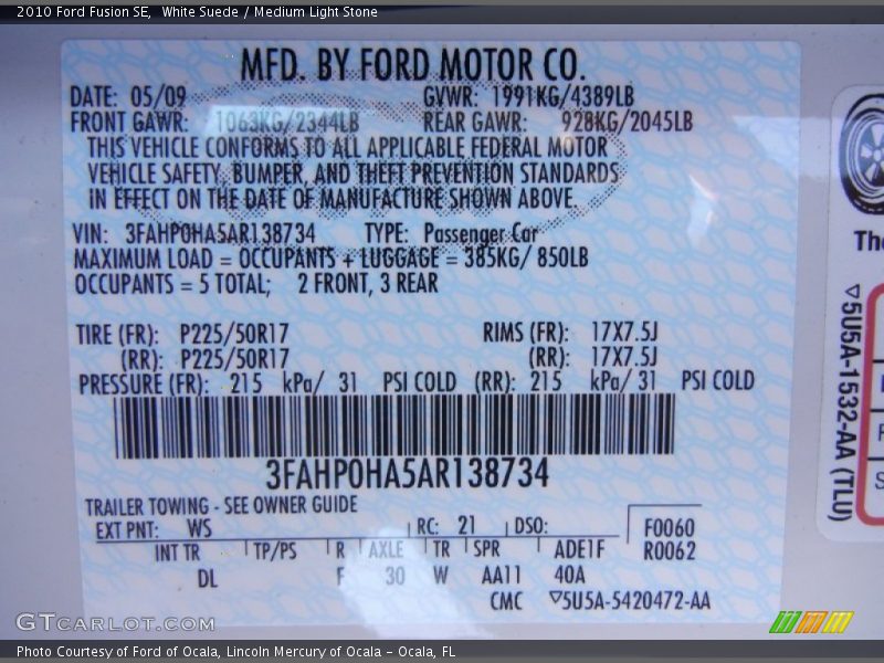 White Suede / Medium Light Stone 2010 Ford Fusion SE