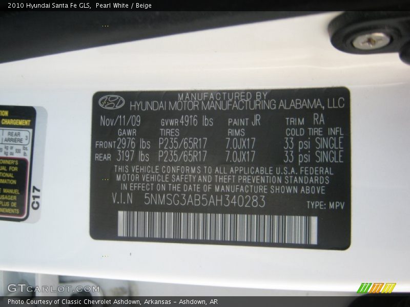 Pearl White / Beige 2010 Hyundai Santa Fe GLS