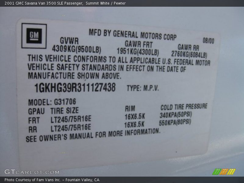 Summit White / Pewter 2001 GMC Savana Van 3500 SLE Passenger