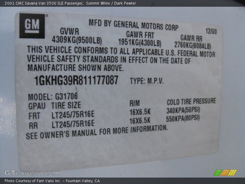 Summit White / Dark Pewter 2001 GMC Savana Van 3500 SLE Passenger
