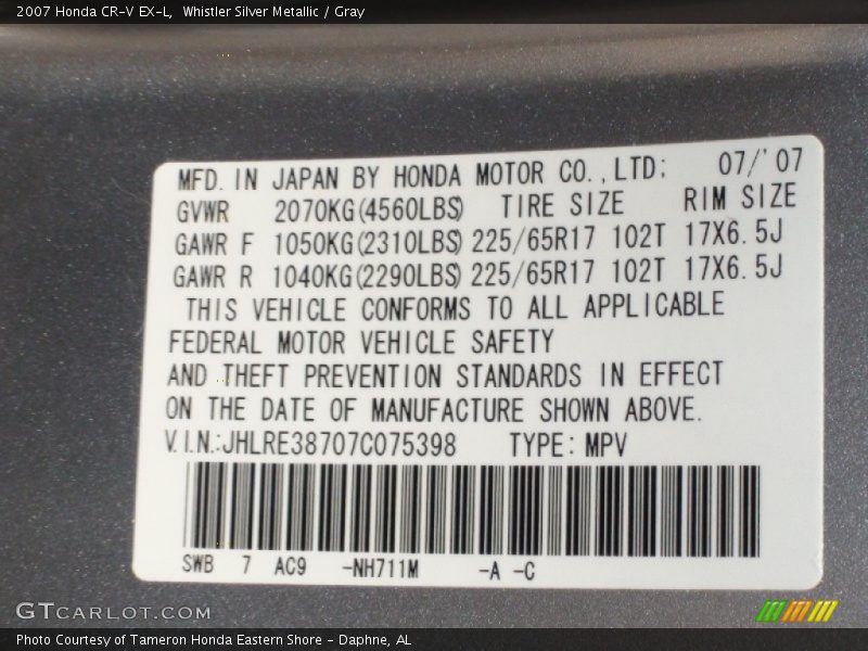 Whistler Silver Metallic / Gray 2007 Honda CR-V EX-L