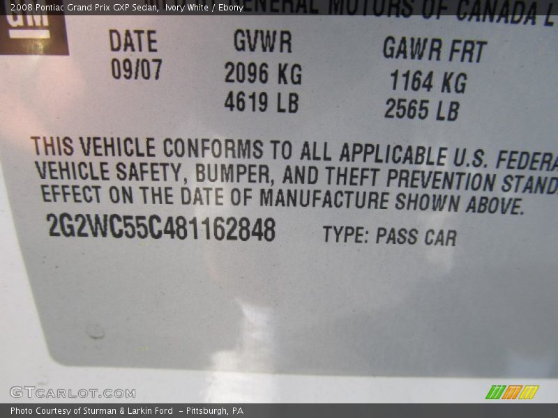 Ivory White / Ebony 2008 Pontiac Grand Prix GXP Sedan