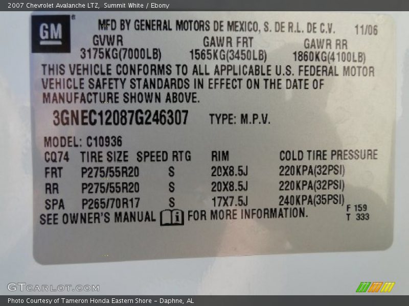 Info Tag of 2007 Avalanche LTZ