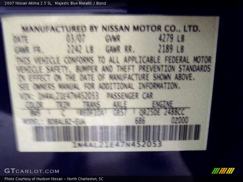 Majestic Blue Metallic / Blond 2007 Nissan Altima 2.5 SL