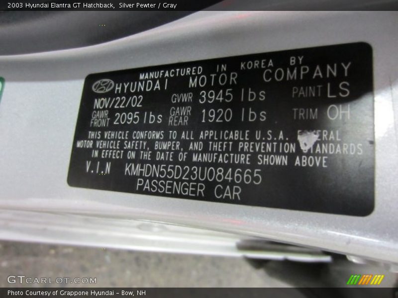 Silver Pewter / Gray 2003 Hyundai Elantra GT Hatchback