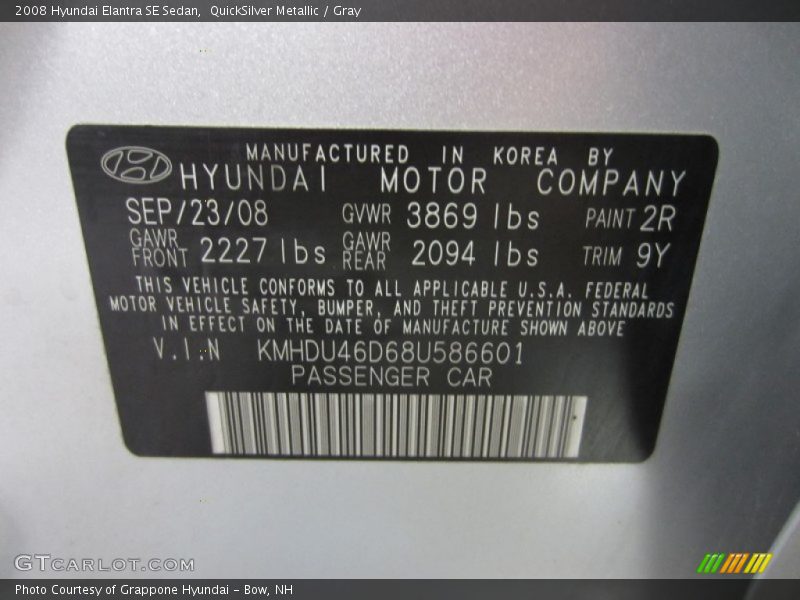 QuickSilver Metallic / Gray 2008 Hyundai Elantra SE Sedan
