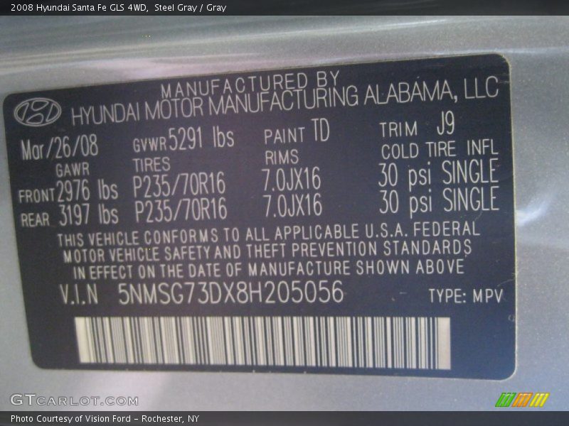 Steel Gray / Gray 2008 Hyundai Santa Fe GLS 4WD