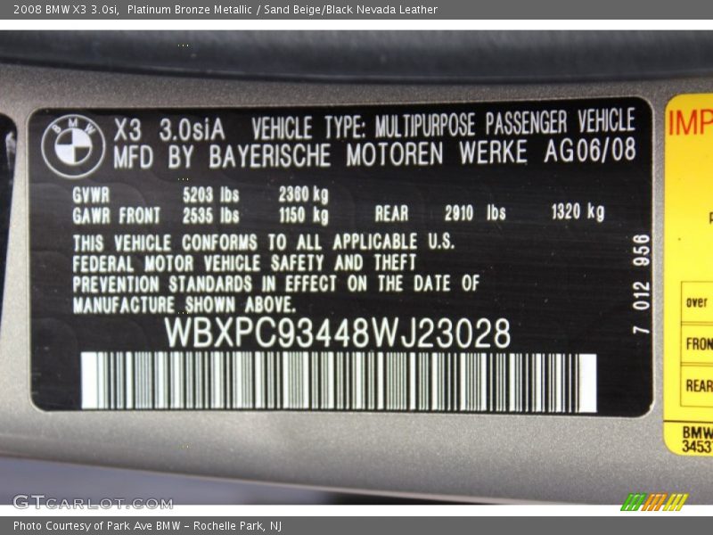 Platinum Bronze Metallic / Sand Beige/Black Nevada Leather 2008 BMW X3 3.0si