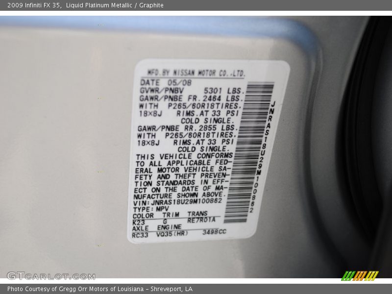 Liquid Platinum Metallic / Graphite 2009 Infiniti FX 35