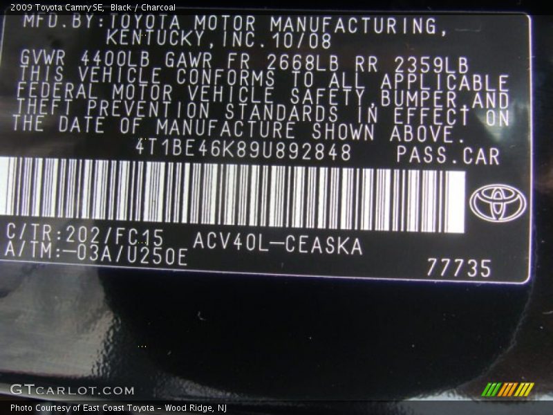 Black / Charcoal 2009 Toyota Camry SE