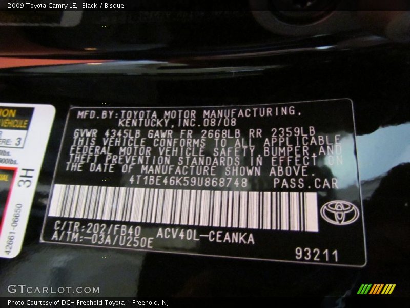 Black / Bisque 2009 Toyota Camry LE