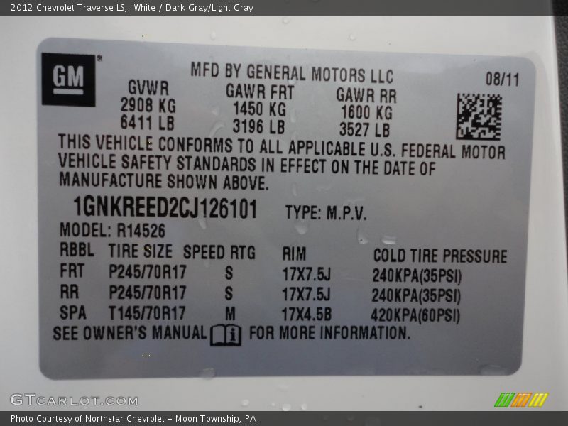 Info Tag of 2012 Traverse LS